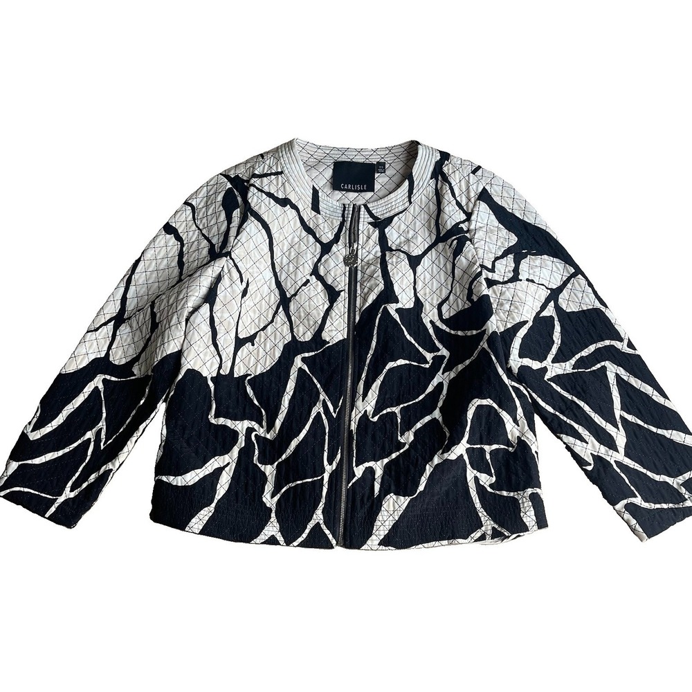 Carlisle Silk Quilted Zip Front Jacket Large UK 14 Black Ivory Abstract Print